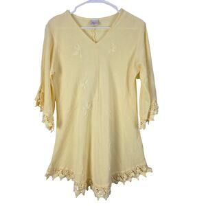 Manta Del Lago Coastal Dress M Womens Yellow Lace Embroidered Cottage Core